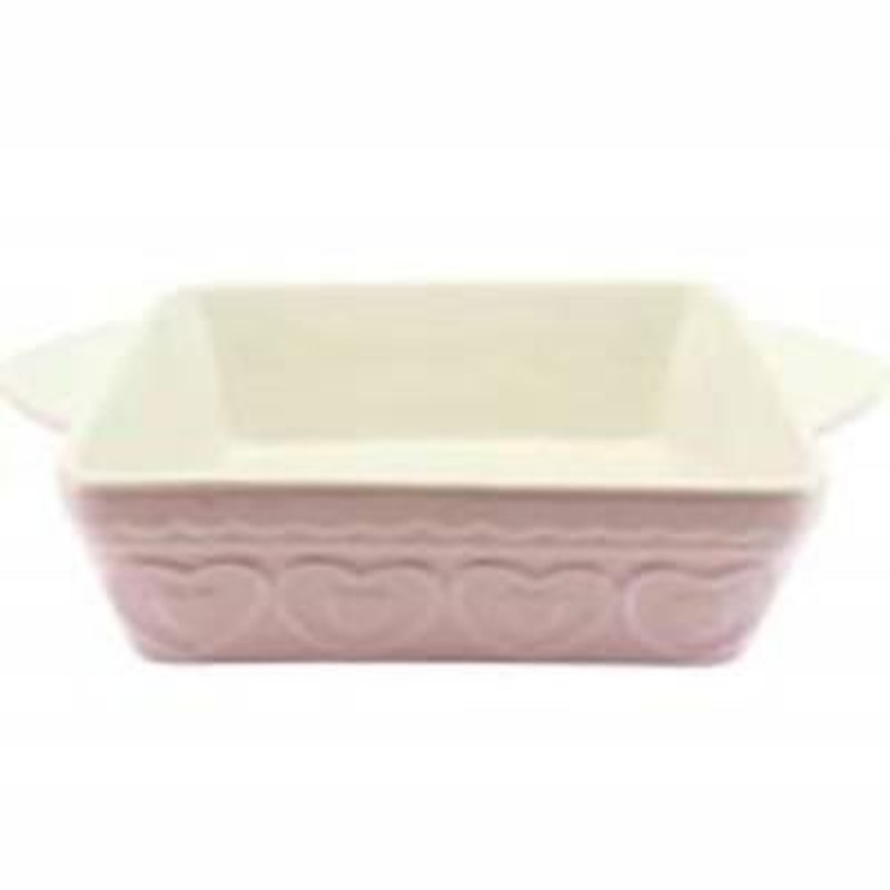 Pink Hearts Square Oven Dish by Gisela Graham. Small square oven dish pink outside with heart pattern, Cream on the inside. Size 23x23x8cm